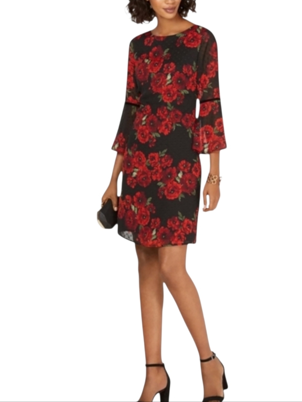 Jessica Howard Black Red Rose Floral Swiss Dot Dress 8 Petite